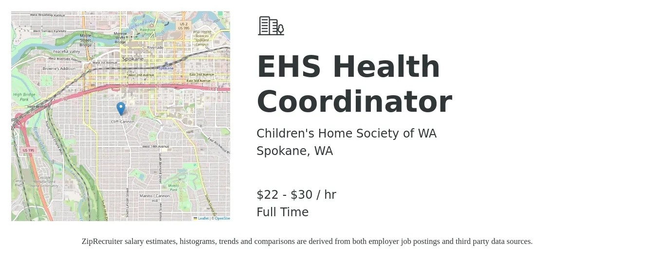 Children's Home Society of WA job posting for a EHS Health Coordinator in Spokane, WA with a salary of $23 to $32 Hourly with a map of Spokane location.