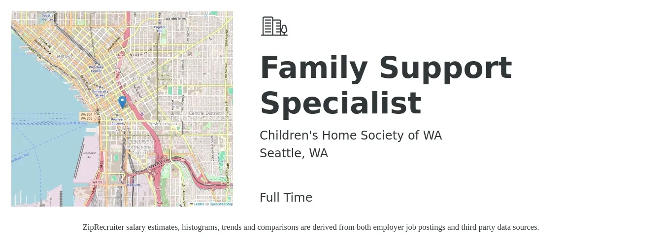Children's Home Society of WA job posting for a Family Support Specialist in Seattle, WA with a salary of $20 to $27 Hourly with a map of Seattle location.