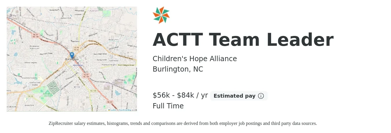 Children's Hope Alliance job posting for a ACTT Team Leader in Burlington, NC with a salary of $56,200 to $84,200 Yearly with a map of Burlington location.