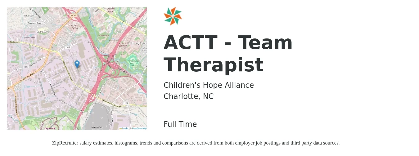 Children's Hope Alliance job posting for a ACTT - Team Therapist in Charlotte, NC with a salary of $55,000 to $65,000 Yearly with a map of Charlotte location.