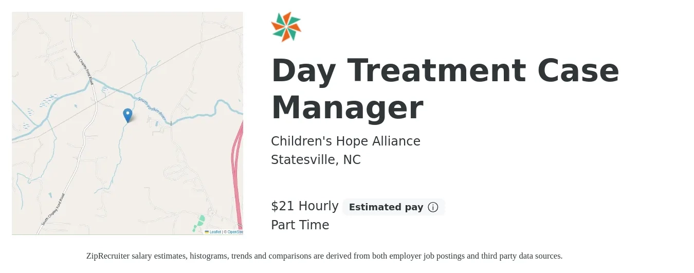 Children's Hope Alliance job posting for a Day Treatment Case Manager in Statesville, NC with a salary of $22 Hourly with a map of Statesville location.