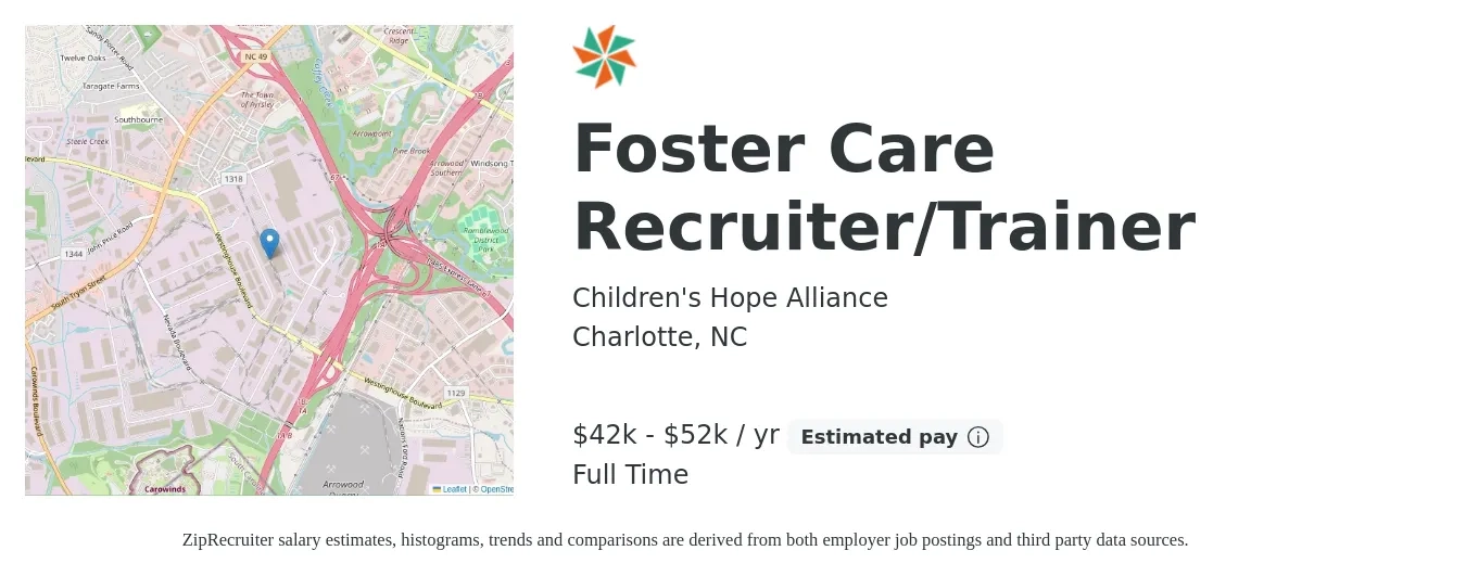 Children's Hope Alliance job posting for a Foster Care Recruiter/Trainer in Charlotte, NC with a salary of $42,000 to $52,000 Yearly with a map of Charlotte location.