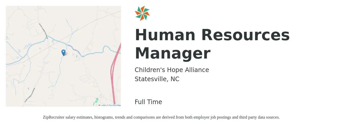 Children's Hope Alliance job posting for a Human Resources Manager in Statesville, NC with a salary of $65,000 to $94,300 Yearly with a map of Statesville location.