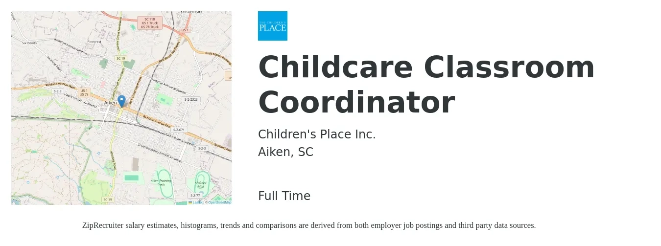 Children's Place Inc. job posting for a Childcare Classroom Coordinator in Aiken, SC with a map of Aiken location.