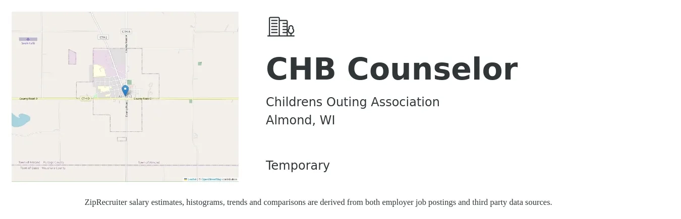 Childrens Outing Association job posting for a CHB Counselor in Almond, WI with a salary of $350 to $380 Weekly with a map of Almond location.