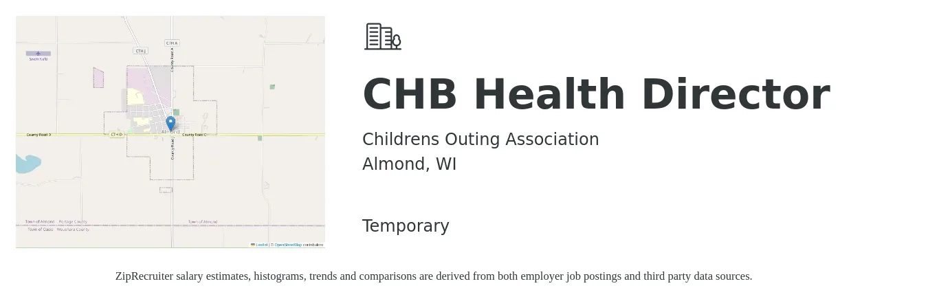 Childrens Outing Association job posting for a CHB Health Director in Almond, WI with a salary of $77,200 to $114,400 Yearly with a map of Almond location.