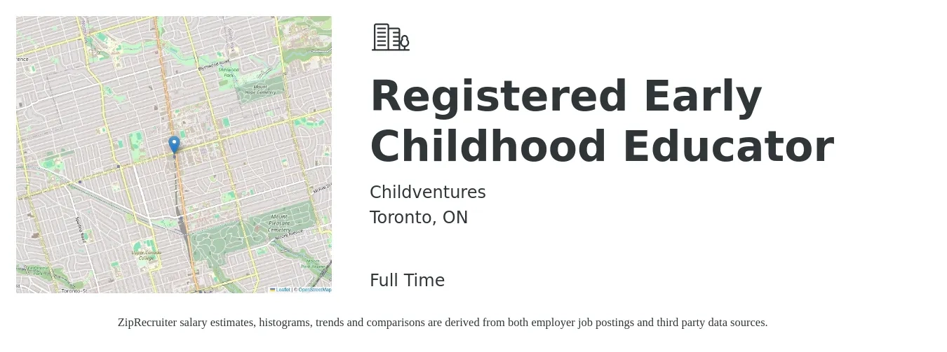 Childventures job posting for a Registered Early Childhood Educator in Toronto, ON with a salary of $20 to $24 Hourly with a map of Toronto location.