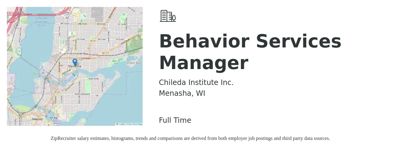 Chileda Institute Inc. job posting for a Behavior Services Manager in Menasha, WI with a salary of $56,300 to $89,500 Yearly with a map of Menasha location.