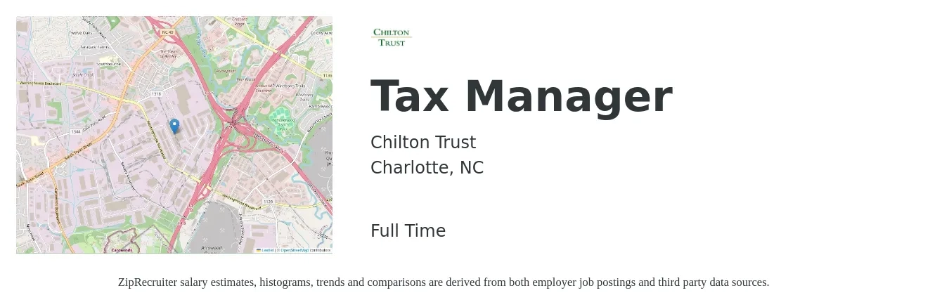 Chilton Trust job posting for a Tax Manager in Charlotte, NC with a salary of $108,400 to $142,100 Yearly with a map of Charlotte location.
