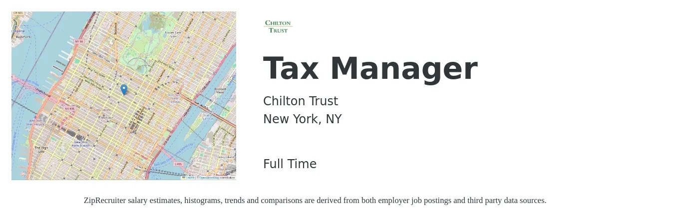 Chilton Trust job posting for a Tax Manager in New York, NY with a salary of $121,400 to $159,200 Yearly with a map of New York location.