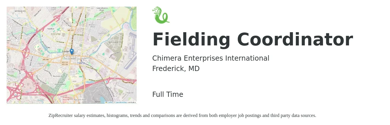 Chimera Enterprises International job posting for a Fielding Coordinator in Frederick, MD with a salary of $40,300 to $69,100 Yearly with a map of Frederick location.