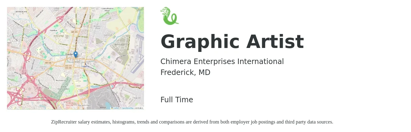 Chimera Enterprises International job posting for a Graphic Artist in Frederick, MD with a salary of $126,300 to $151,100 Yearly with a map of Frederick location.
