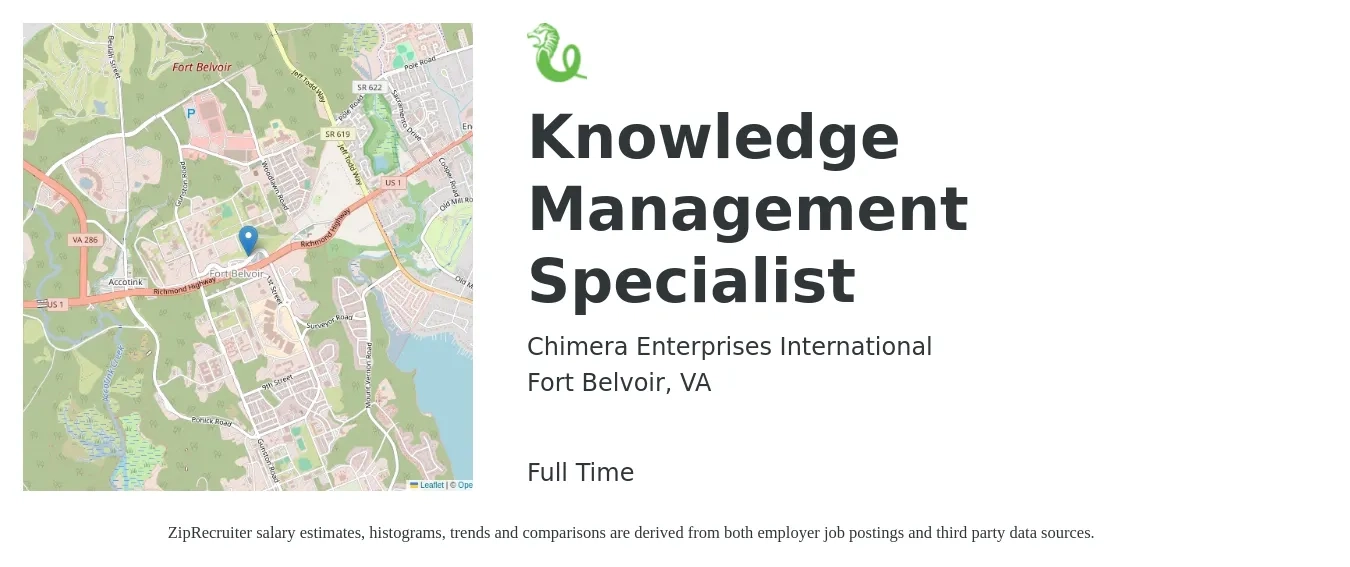 Chimera Enterprises International job posting for a Knowledge Management Specialist in Fort Belvoir, VA with a map of Fort Belvoir location.