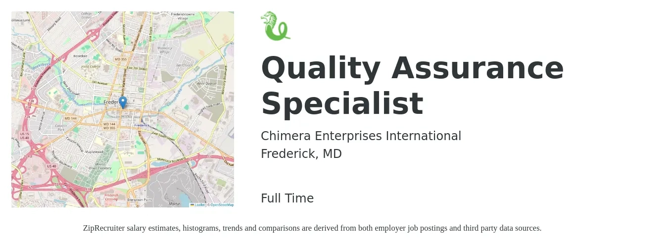 Chimera Enterprises International job posting for a Quality Assurance Specialist in Frederick, MD with a salary of $56,700 to $84,000 Yearly with a map of Frederick location.
