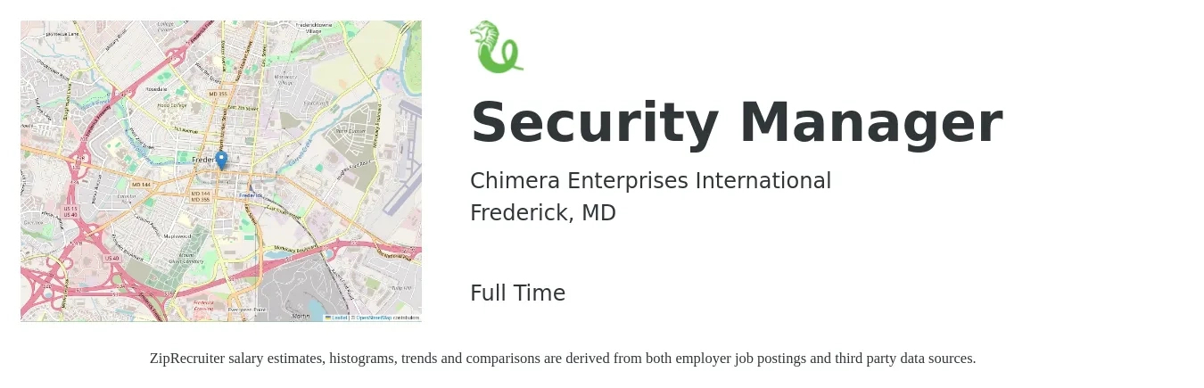 Chimera Enterprises International job posting for a Security Manager in Frederick, MD with a salary of $19 to $30 Hourly with a map of Frederick location.