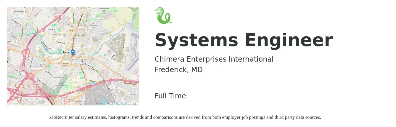 Chimera Enterprises International job posting for a Systems Engineer in Frederick, MD with a salary of $97,400 to $156,100 Yearly with a map of Frederick location.