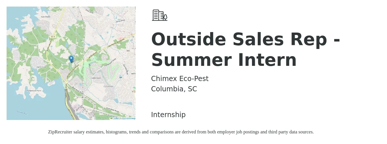 Chimex Eco-Pest job posting for a Outside Sales Rep - Summer Intern in Columbia, SC with a salary of $500 Weekly with a map of Columbia location.