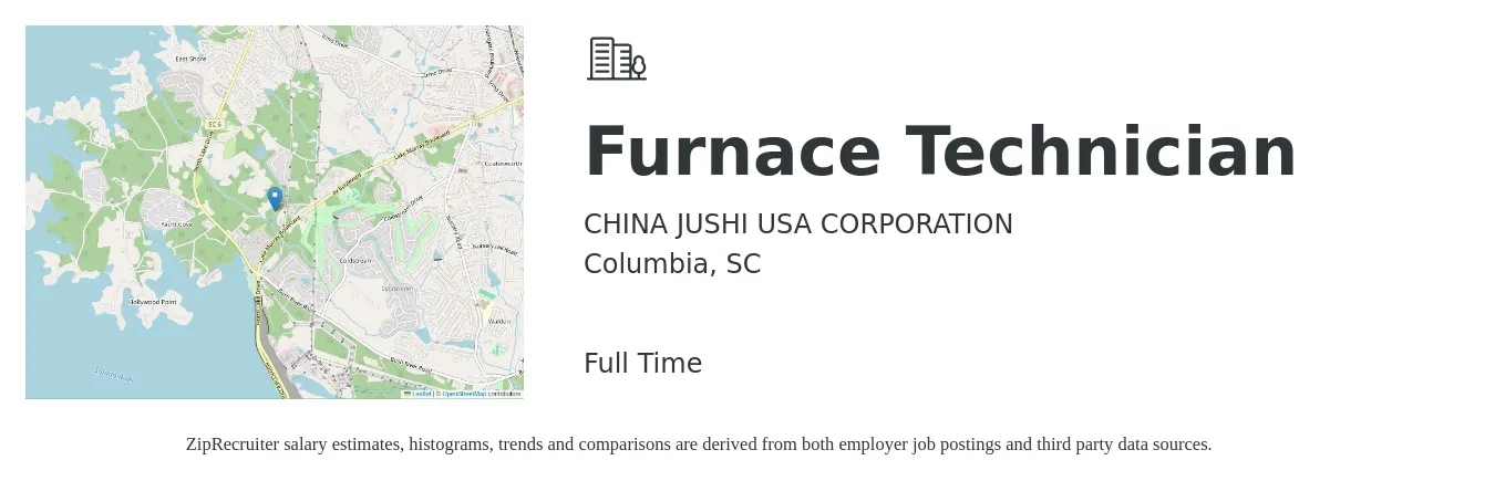 CHINA JUSHI USA CORPORATION job posting for a Furnace Technician in Columbia, SC with a salary of $16 to $20 Hourly with a map of Columbia location.
