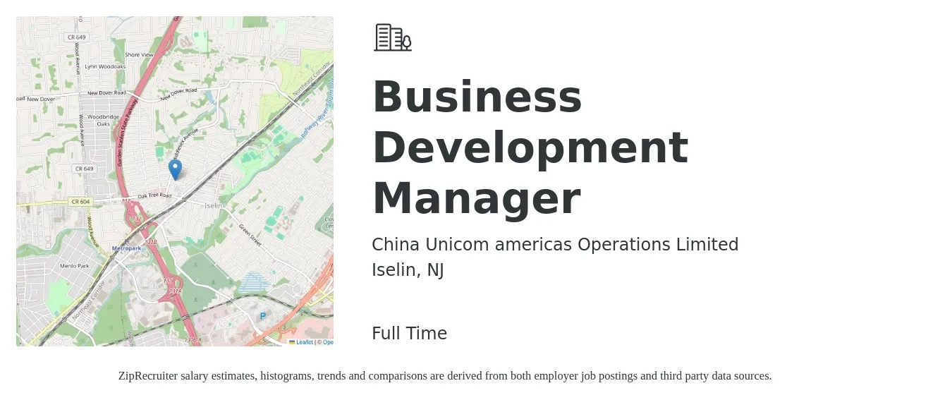 China Unicom americas Operations Limited job posting for a Business Development Manager in Iselin, NJ with a salary of $61,900 to $101,500 Yearly with a map of Iselin location.