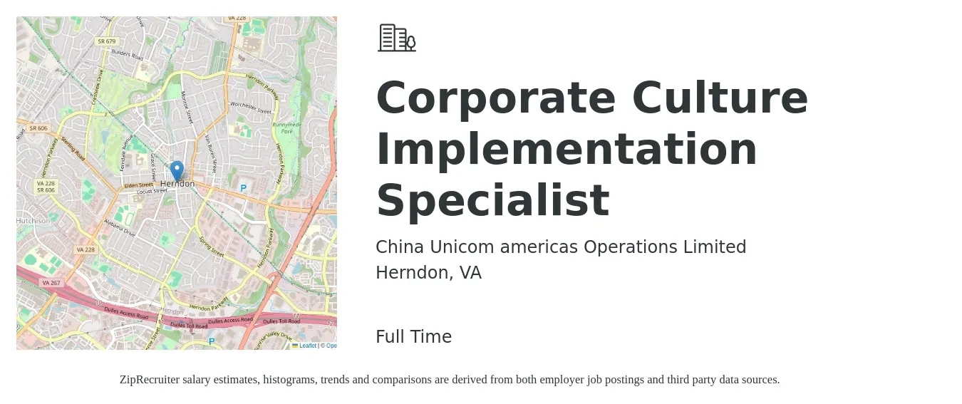 China Unicom americas Operations Limited job posting for a Corporate Culture Implementation Specialist in Herndon, VA with a salary of $27 to $37 Hourly with a map of Herndon location.