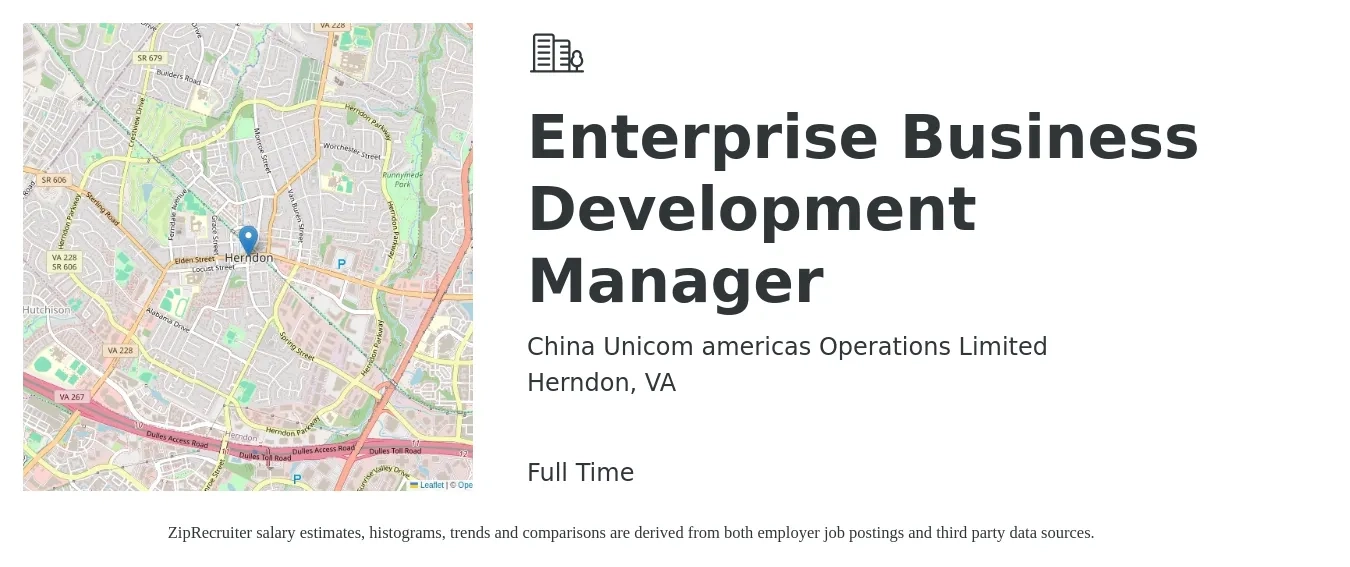 China Unicom americas Operations Limited job posting for a Enterprise Business Development Manager in Herndon, VA with a salary of $62,700 to $102,800 Yearly with a map of Herndon location.