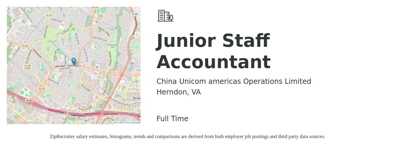 China Unicom americas Operations Limited job posting for a Junior Staff Accountant in Herndon, VA with a salary of $26 to $32 Hourly with a map of Herndon location.