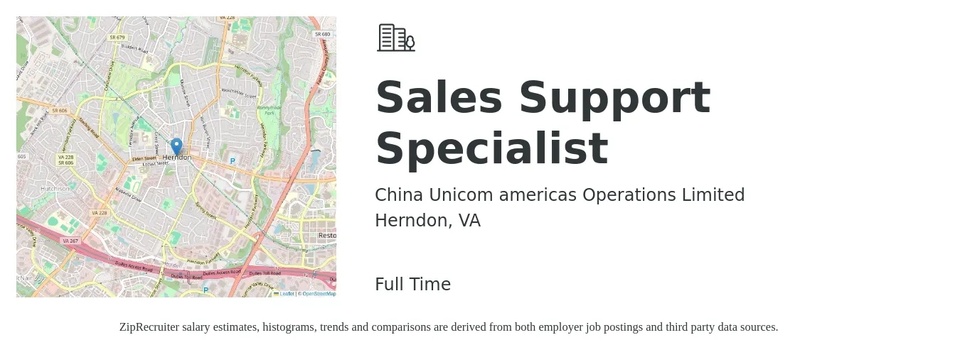 China Unicom americas Operations Limited job posting for a Sales Support Specialist in Herndon, VA with a salary of $23 to $31 Hourly with a map of Herndon location.