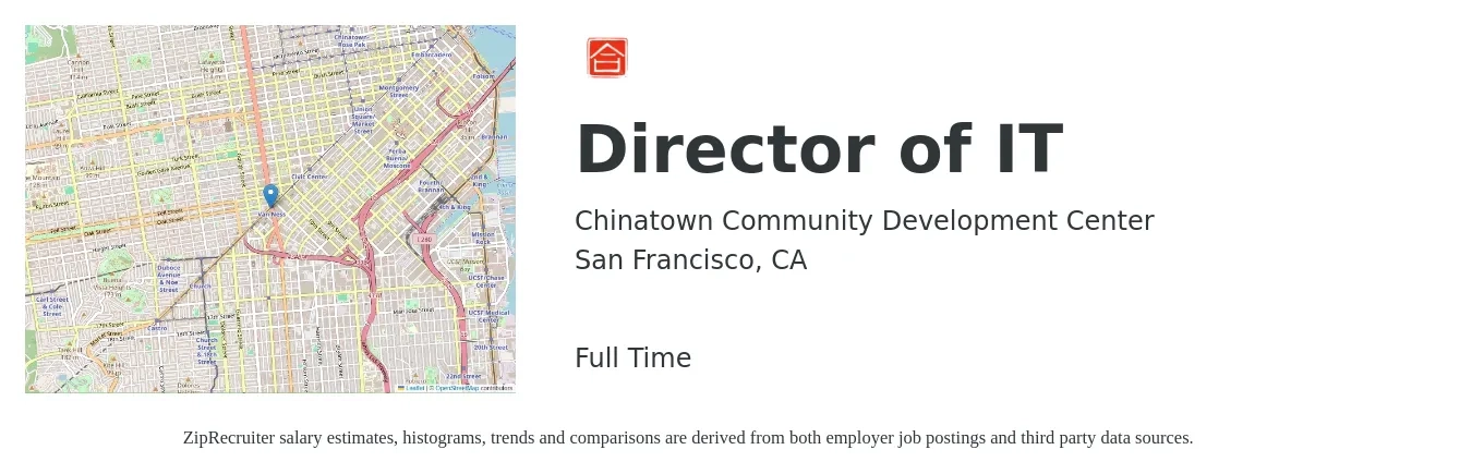 Chinatown Community Development Center job posting for a Director of IT in San Francisco, CA with a salary of $126,100 to $185,000 Yearly with a map of San Francisco location.