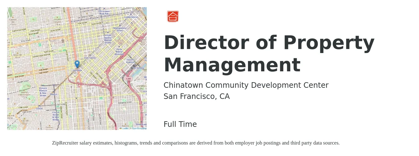 Chinatown Community Development Center job posting for a Director of Property Management in San Francisco, CA with a salary of $150,100 to $158,000 Yearly with a map of San Francisco location.