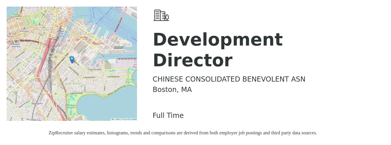 CHINESE CONSOLIDATED BENEVOLENT ASN job posting for a Development Director in Boston, MA with a salary of $76,300 to $118,200 Yearly with a map of Boston location.