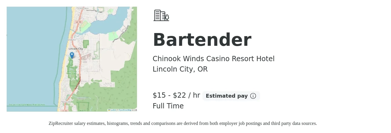 Chinook Winds Casino Resort Hotel job posting for a Bartender in Lincoln City, OR with a salary of $16 to $20 Hourly with a map of Lincoln City location.