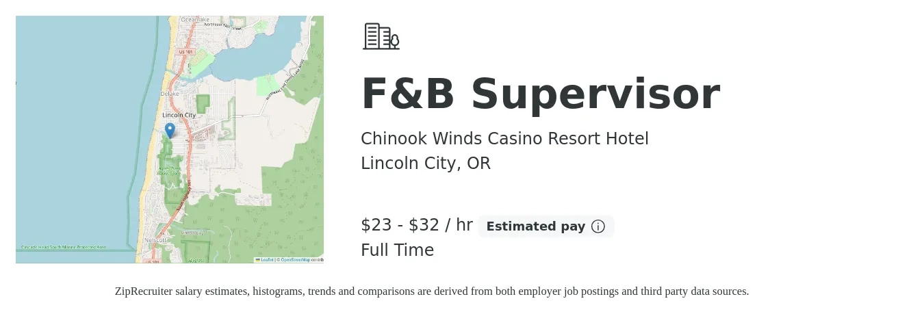 Chinook Winds Casino Resort Hotel job posting for a F&B Supervisor in Lincoln City, OR with a salary of $24 to $34 Hourly with a map of Lincoln City location.