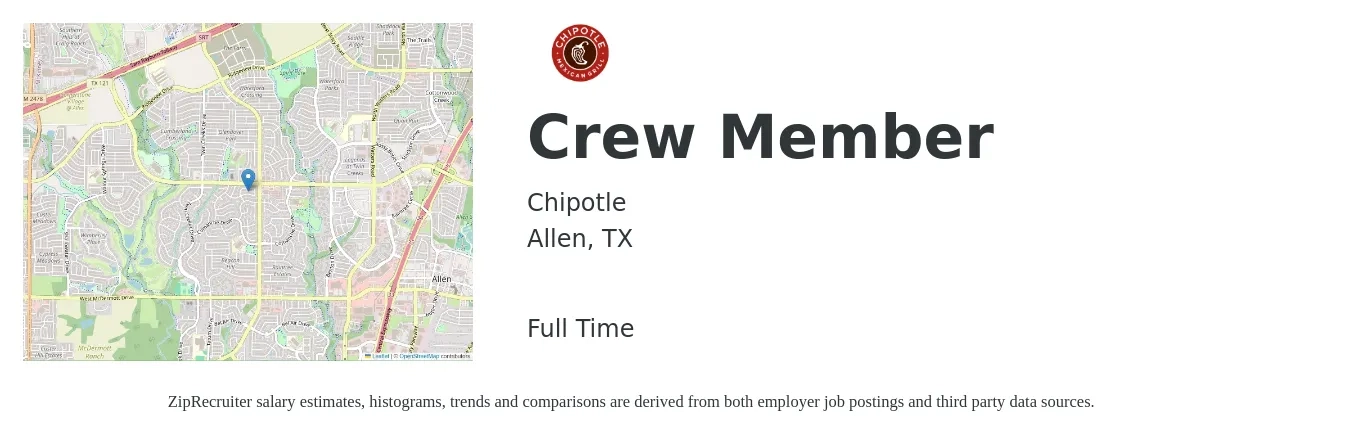Chipotle job posting for a Crew Member in Allen, TX with a salary of $11 to $15 Hourly with a map of Allen location.