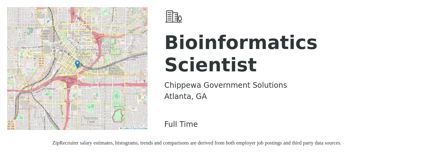 Chippewa Government Solutions job posting for a Bioinformatics Scientist in Atlanta, GA with a salary of $44 to $62 Hourly with a map of Atlanta location.