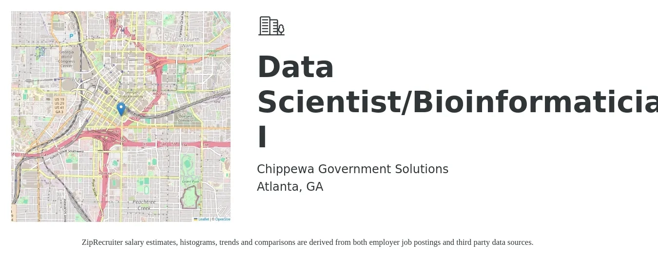 Chippewa Government Solutions job posting for a Data Scientist/Bioinformatician I in Atlanta, GA with a salary of $94,700 to $130,800 Yearly with a map of Atlanta location.