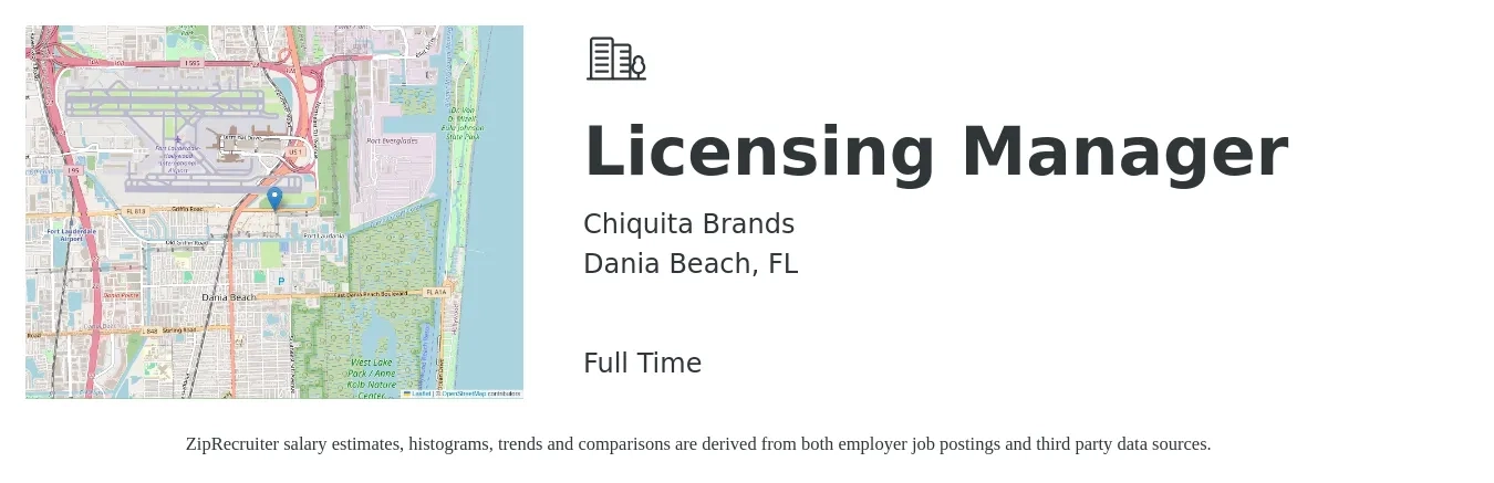 Chiquita Brands job posting for a Licensing Manager in Dania Beach, FL with a salary of $53,600 to $85,100 Yearly with a map of Dania Beach location.