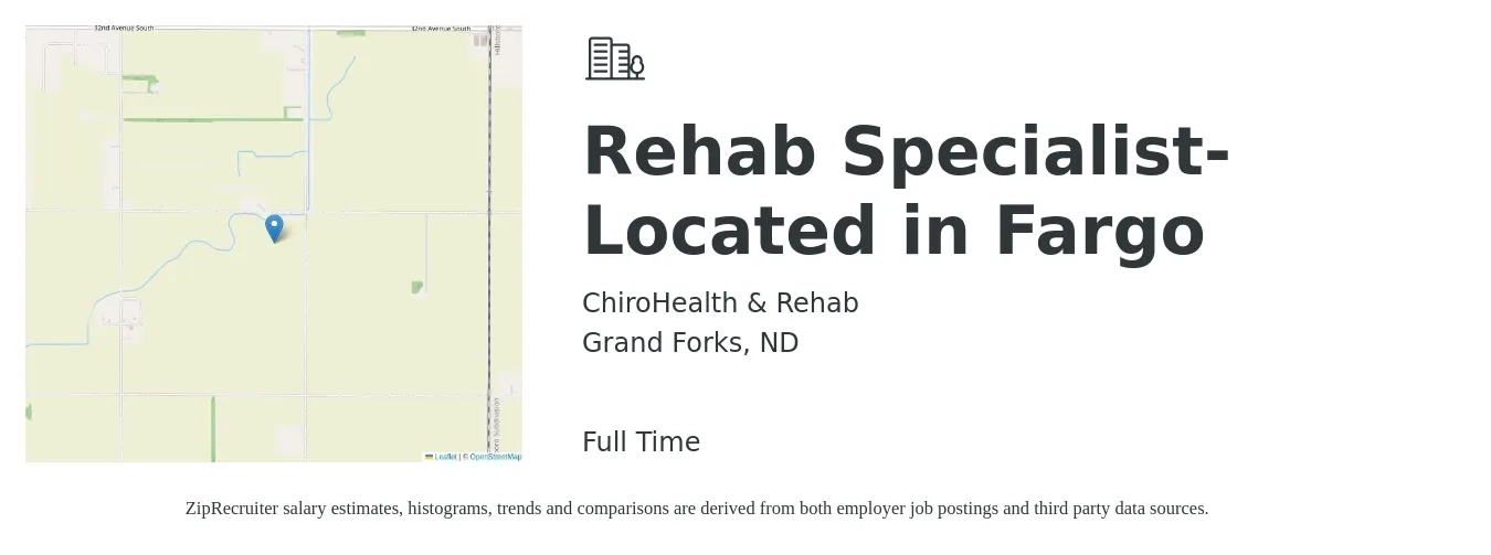 ChiroHealth & Rehab job posting for a Rehab Specialist-Located in Fargo in Grand Forks, ND with a salary of $41,000 to $66,000 Yearly with a map of Grand Forks location.
