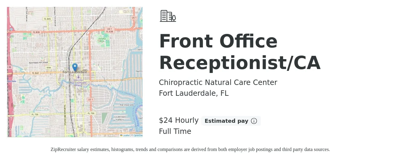 Chiropractic Natural Care Center job posting for a Front Office Receptionist/CA in Fort Lauderdale, FL with a salary of $16 to $18 Hourly with a map of Fort Lauderdale location.
