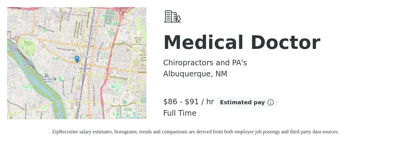 Chiropractors and PA's job posting for a Medical Doctor in Albuquerque, NM with a salary of $90 to $95 Hourly with a map of Albuquerque location.
