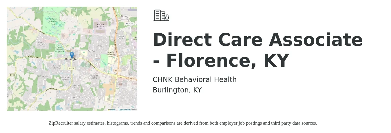 CHNK Behavioral Health job posting for a Direct Care Associate - Florence, KY in Burlington, KY with a salary of $20 Hourly with a map of Burlington location.