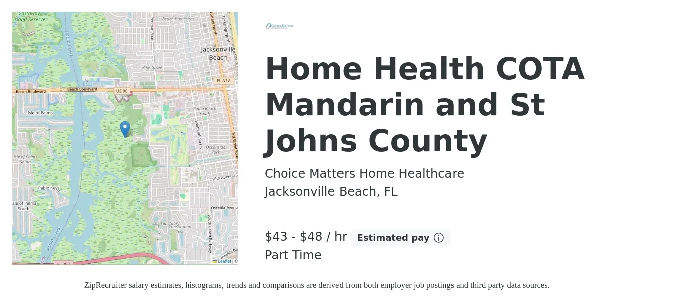 Choice Matters Home Healthcare job posting for a Home Health COTA Mandarin and St Johns County in Jacksonville Beach, FL with a salary of $45 to $50 Hourly with a map of Jacksonville Beach location.