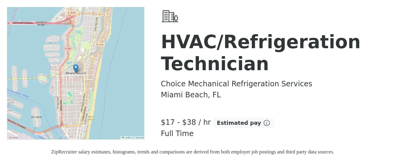 Choice Mechanical Refrigeration Services job posting for a HVAC/Refrigeration Technician in Miami Beach, FL with a salary of $18 to $40 Hourly with a map of Miami Beach location.