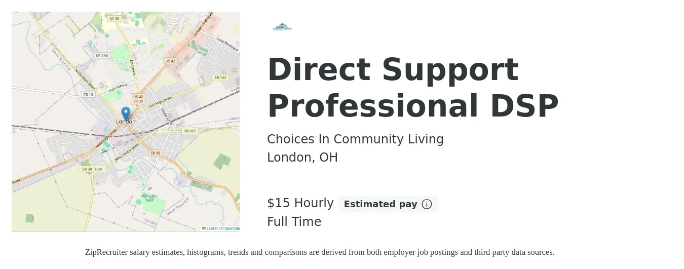 Choices In Community Living job posting for a Direct Support Professional DSP in London, OH with a salary of $16 Hourly with a map of London location.