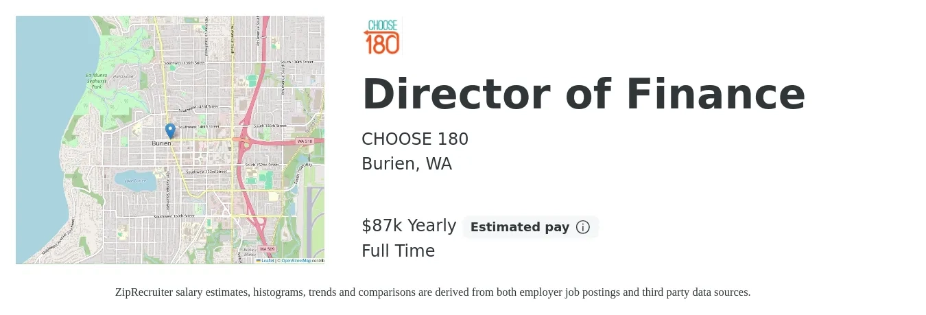 CHOOSE 180 job posting for a Director of Finance in Burien, WA with a salary of $87,200 Yearly with a map of Burien location.