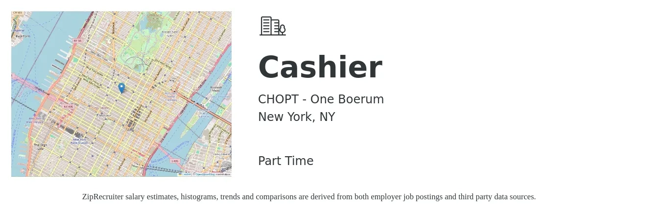 CHOPT - One Boerum job posting for a Cashier in New York, NY with a salary of $13 to $18 Hourly with a map of New York location.