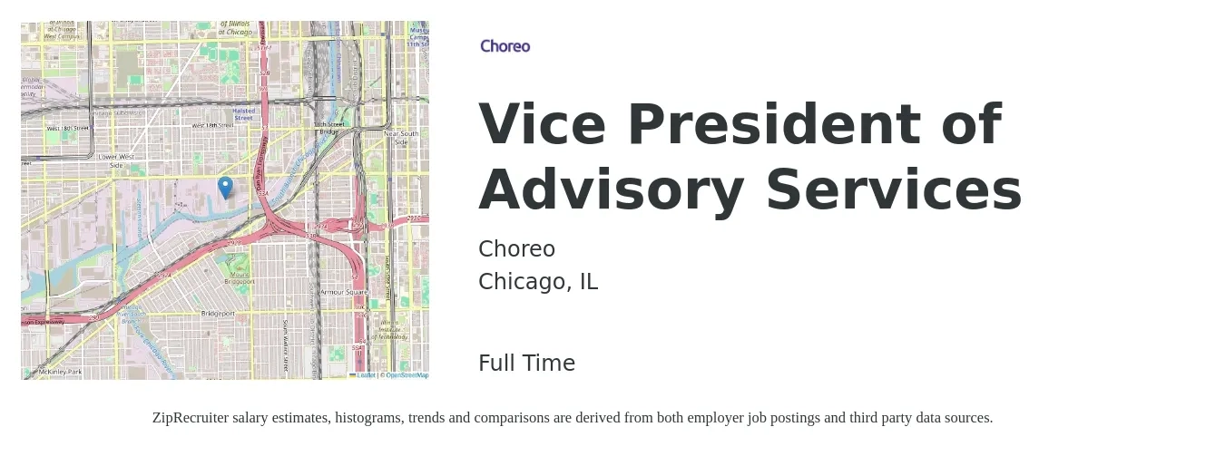 Choreo job posting for a Vice President of Advisory Services in Chicago, IL with a salary of $141,100 to $170,500 Yearly with a map of Chicago location.