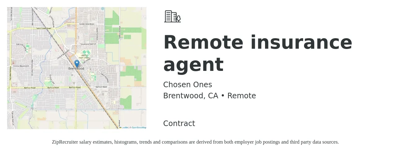 Chosen Ones job posting for a Remote insurance agent in Brentwood, CA with a salary of $63,300 to $134,300 Yearly with a map of Brentwood location.