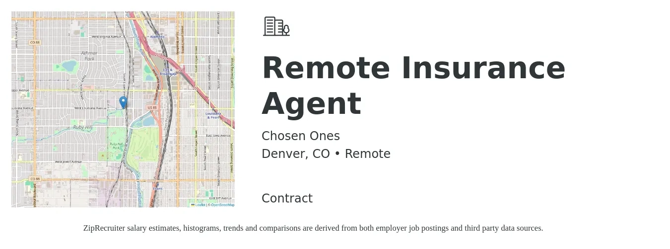 Chosen Ones job posting for a Remote Insurance Agent in Denver, CO with a salary of $45,800 to $79,300 Yearly with a map of Denver location.