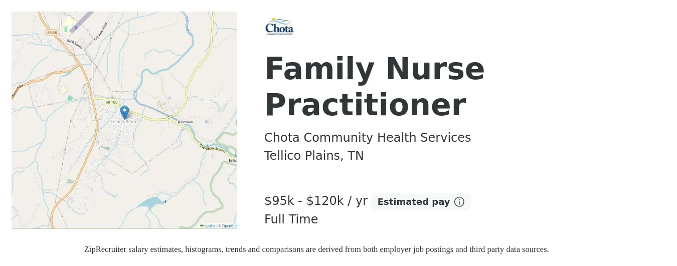 Chota Community Health Services job posting for a Family Nurse Practitioner in Tellico Plains, TN with a salary of $95,000 to $120,000 Yearly with a map of Tellico Plains location.