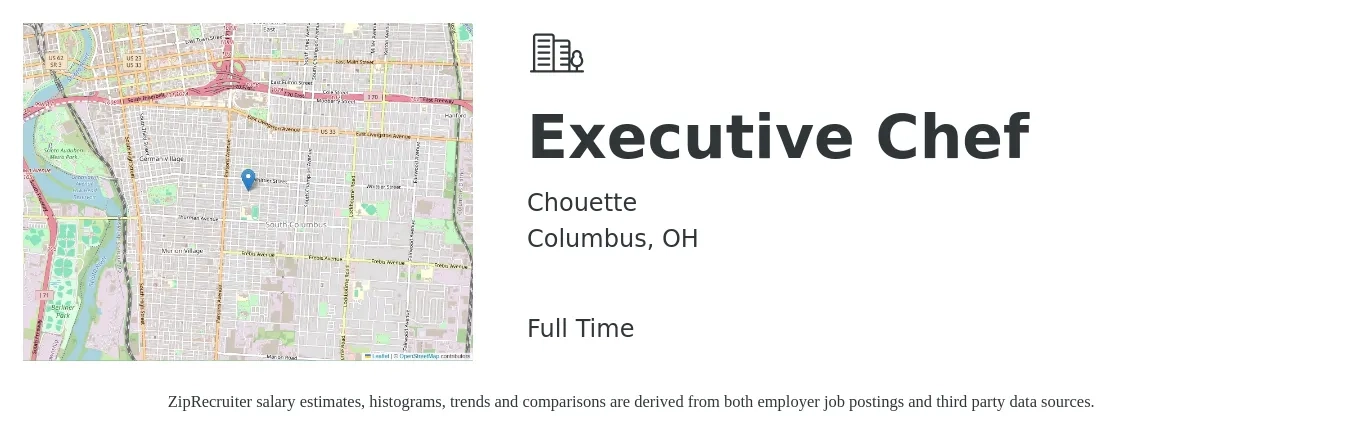 Chouette job posting for a Executive Chef in Columbus, OH with a salary of $69,100 to $95,200 Yearly with a map of Columbus location.